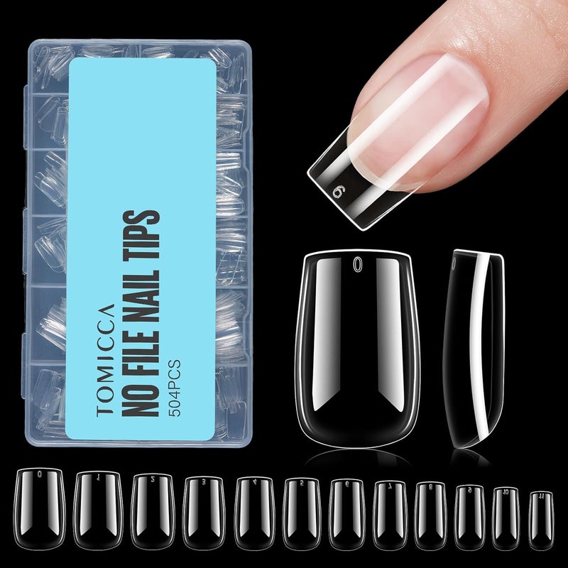 TOMICCA Short Square Nail Tips, 504Pcs Clear Press on Nails Square Full Cover Nail Tips Clear False Press on Nails, Soft Tips for Gel Nail Extension DIY Nail Salon 12 Sizes - Image 1